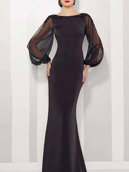 Mermaid / Trumpet Mother of the Bride Dress Elegant Jewel Neck Floor Length Satin Tulle Long Sleeve with Appliques - RongMoon