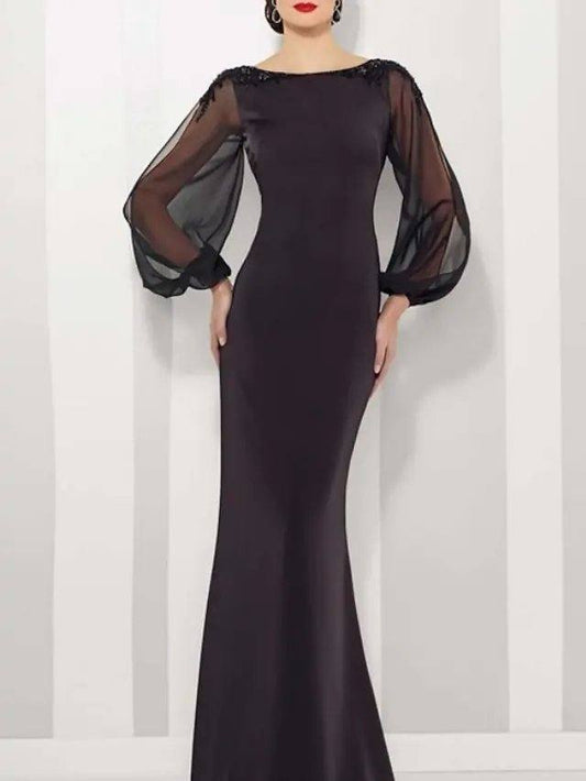 Mermaid / Trumpet Mother of the Bride Dress Elegant Jewel Neck Floor Length Satin Tulle Long Sleeve with Appliques - RongMoon