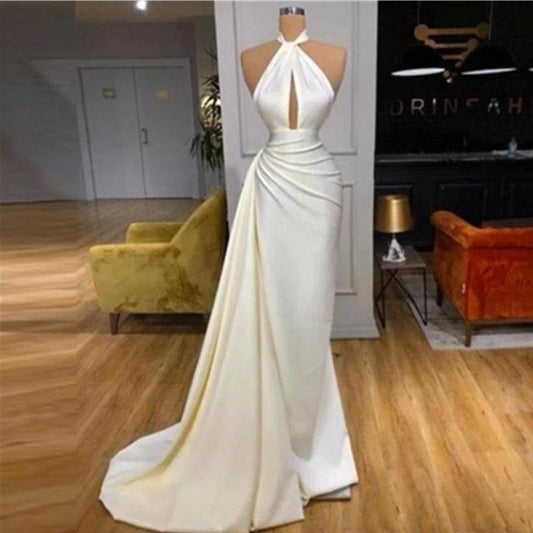 Backless Evening Dresses Mermaid Halter Floor Length Satin Long Turkey Dubai Saudi Arabic Evening Gown Prom Dresses - RongMoon