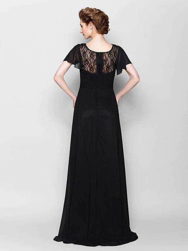 A-Line Mother of the Bride Dress See Through Bateau Neck Floor Length Chiffon Short Sleeve with Beading