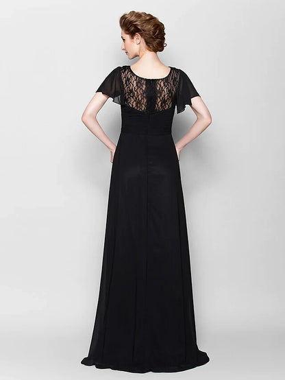 A-Line Mother of the Bride Dress See Through Bateau Neck Floor Length Chiffon Short Sleeve with Beading