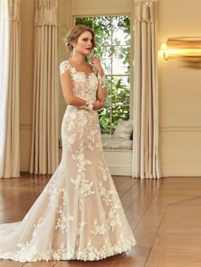Mermaid / Trumpet Wedding Dresses Jewel Neck Court Train Lace Long Sleeve Romantic See-Through Illusion Sleeve with Embroidery - RongMoon