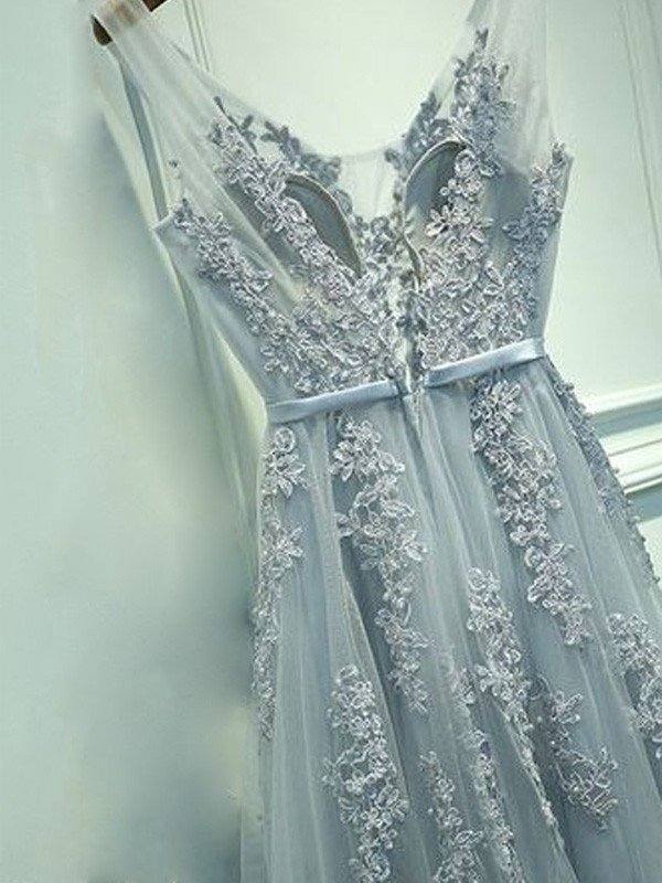 A-Line/Princess Sleeveless V-neck Tulle Applique Floor-Length Dresses - RongMoon