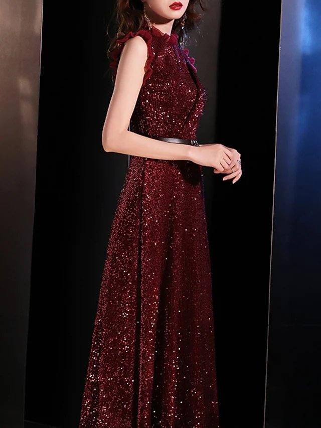 A-Line Sparkle Elegant Prom Formal Evening Dress Jewel Neck Sleeveless Floor Length Sequined with Sash / Ribbon Sequin - RongMoon