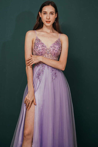 Lilac Beaded Tulle Long Prom Dress