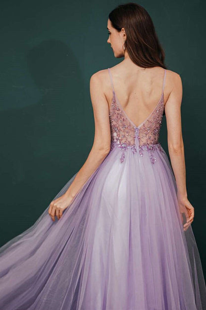 Lilac Beaded Tulle Long Prom Dress
