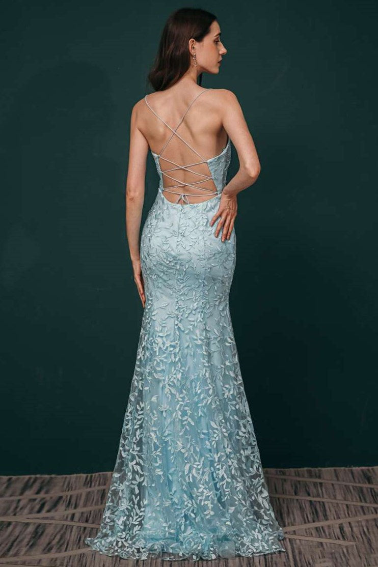 Light Blue Applique Lace Mermaid Dress