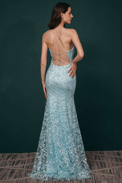 Light Blue Applique Lace Mermaid Dress