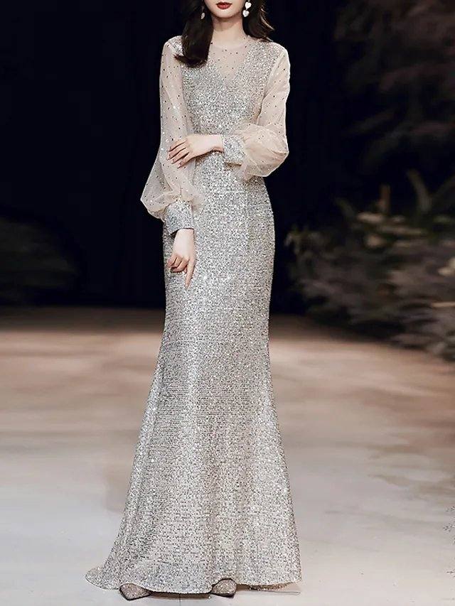 A-Line Mermaid / Trumpet Sparkle Elegant Prom Formal Evening Dress Illusion Neck Long Sleeve Sweep / Brush Train Sequined with Sequin - RongMoon
