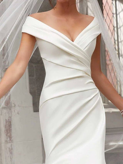 Mermaid / Trumpet Wedding Dresses Off Shoulder Sweep / Brush Train Polyester Cap Sleeve Country Plus Size with Ruched Draping - RongMoon