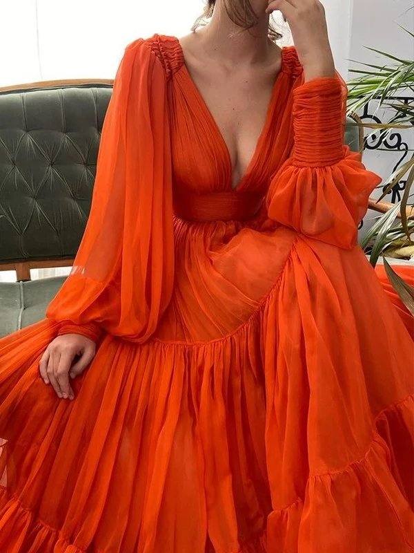A-Line/Princess Sweep/Brush Train V-neck Long Sleeves 3D Chiffon Ruffles Dresses - RongMoon