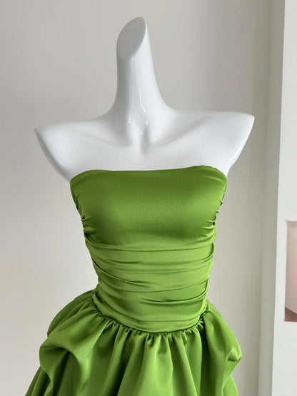 Green cute sweet tube top short satin homecoming dress birthday party dress holiday small dress gh3944