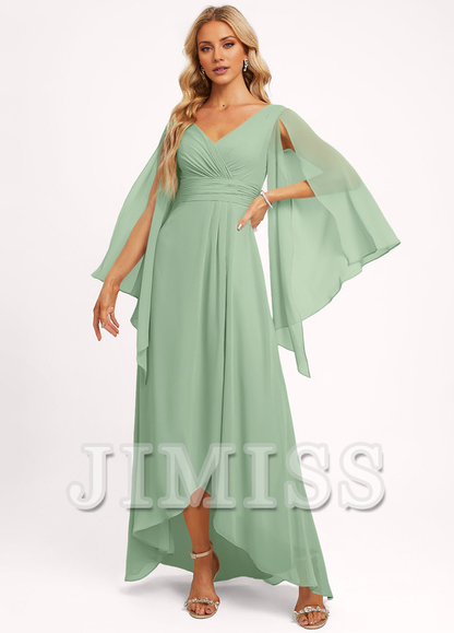Ruffled A-line V-neck Asymmetric Chiffon Bridesmaids Dress
