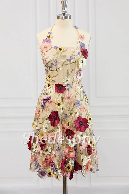 Champagne 3D Flower Print Halter A-Line Party Dress