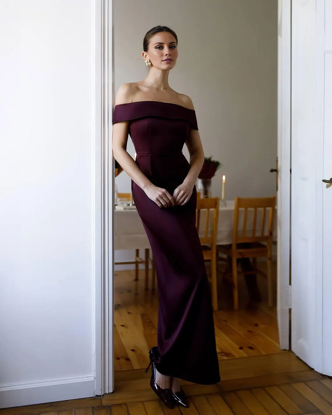 Jimiss - Off Shoulder Collar Satin Sleeveless Back and Floor length Prom Dress