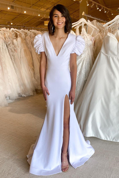 Elegant White Plunge V Cutout Back Mermaid Long Formal Dress