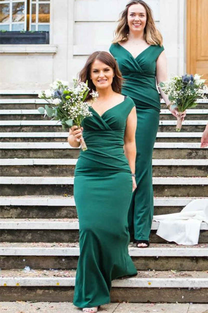 Hunter Green V-Neck Mermaid Long Bridesmaid Dress