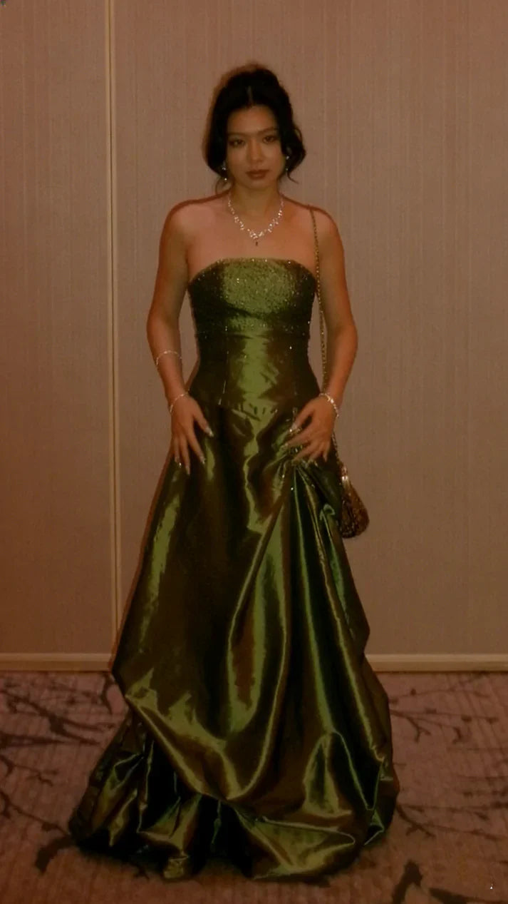 Elegant Green A-line Rhinestone Embellished Satin Long Prom Dress Evening Dress cc5404
