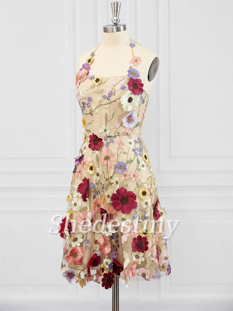 Champagne 3D Flower Print Halter A-Line Party Dress