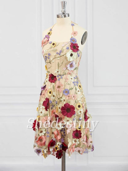 Champagne 3D Flower Print Halter A-Line Party Dress