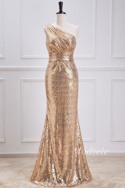 Champagne Sequin One-Shoulder Mermaid Long Dress