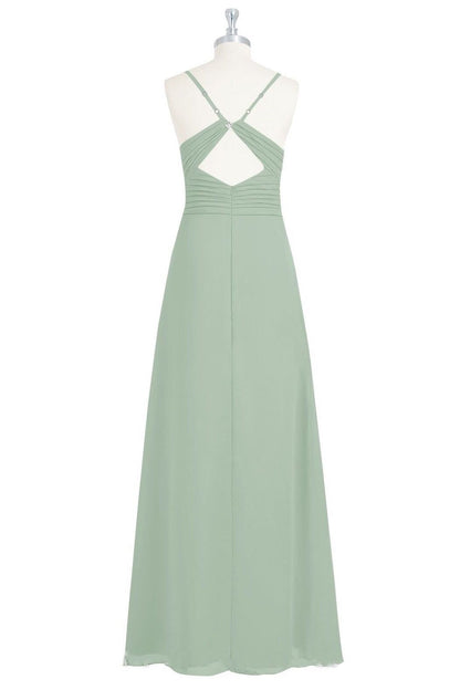 Sage Green Spaghetti Straps Backless Long Bridesmaid Dress
