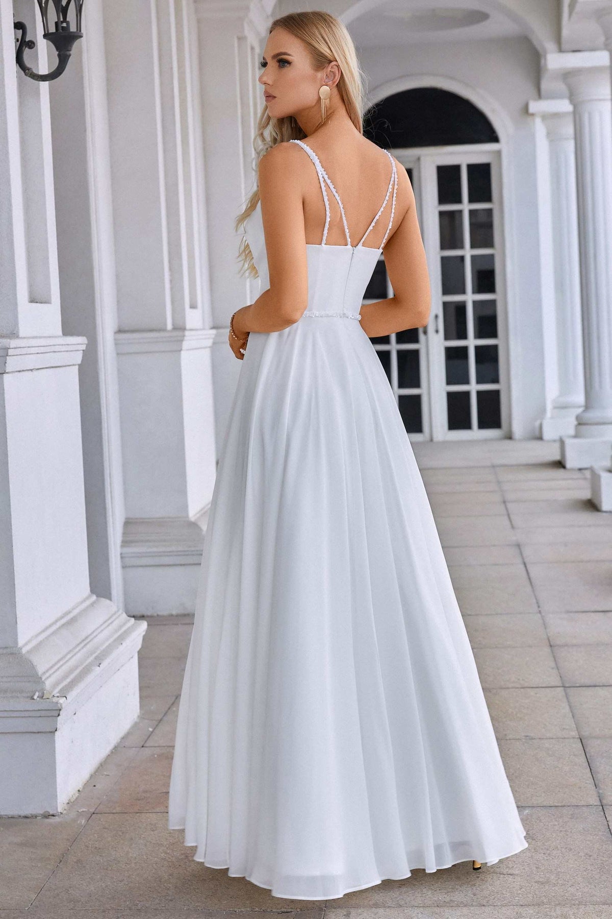 White Chiffon Surplice Neck A-Line Long Dress with Spaghetti Straps