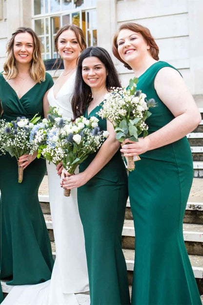 Hunter Green V-Neck Mermaid Long Bridesmaid Dress
