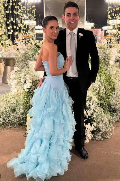 Strapless Ice Blue Ethereal Ruffle A-Line Prom Dress