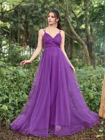 Backless floral decal details sheer thin shoulder straps and floor length formal dress
