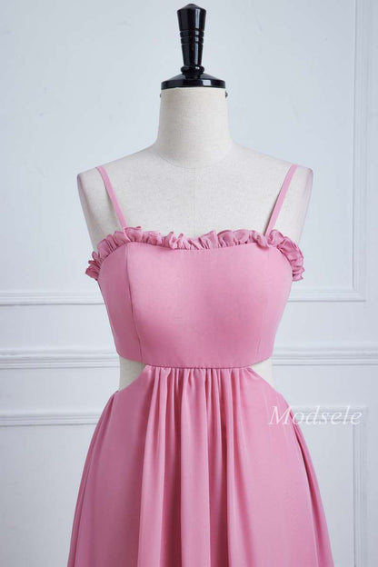 Pink Spaghetti Strap Bow-Back Ruffle Maxi Dress