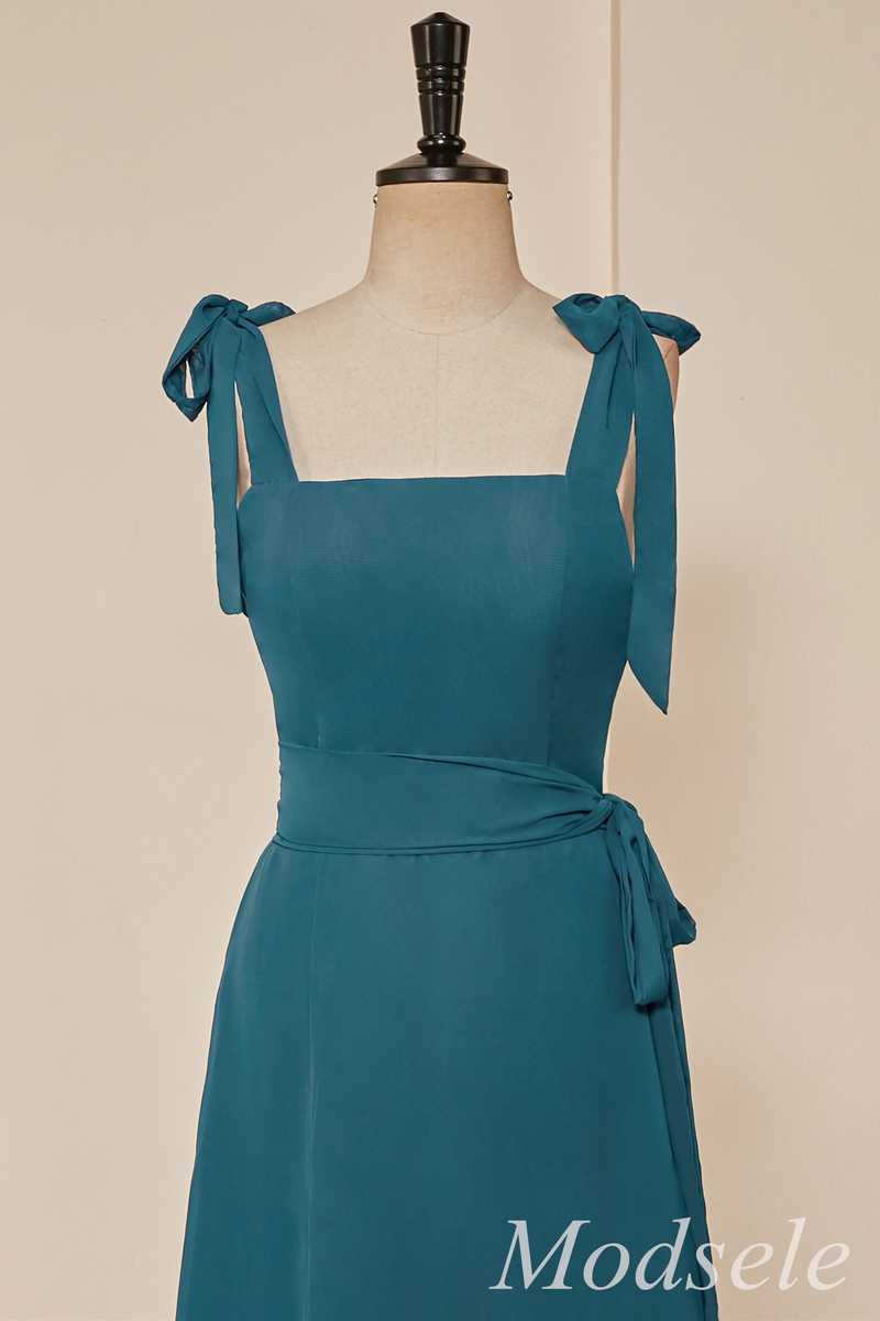 Emerald Tie Strap Ruffle Long Bridesmaid Dress