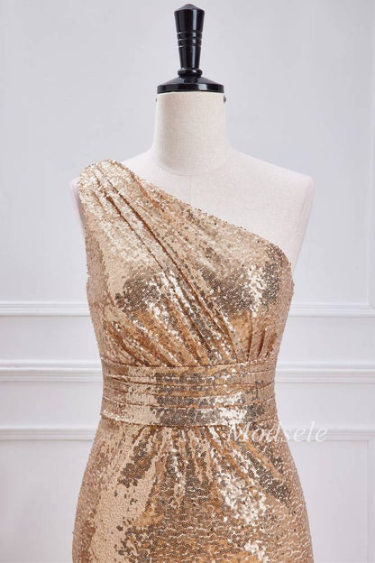 Champagne Sequin One-Shoulder Mermaid Long Dress