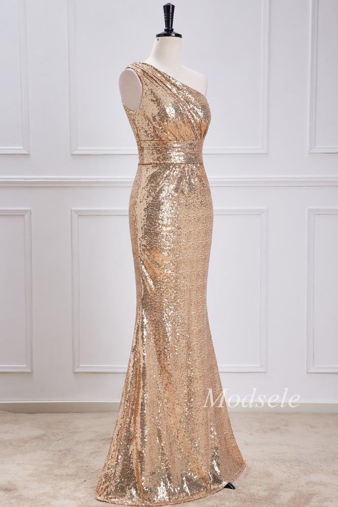 Champagne Sequin One-Shoulder Mermaid Long Dress