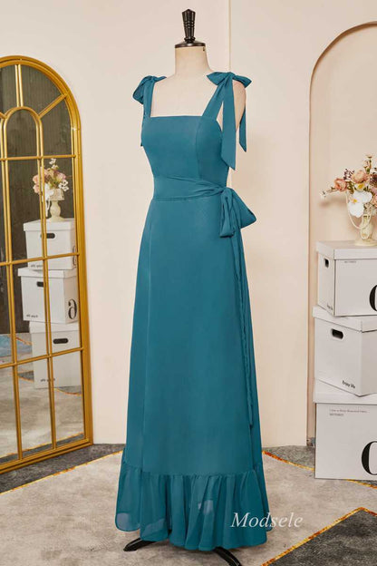 Emerald Tie Strap Ruffle Long Bridesmaid Dress