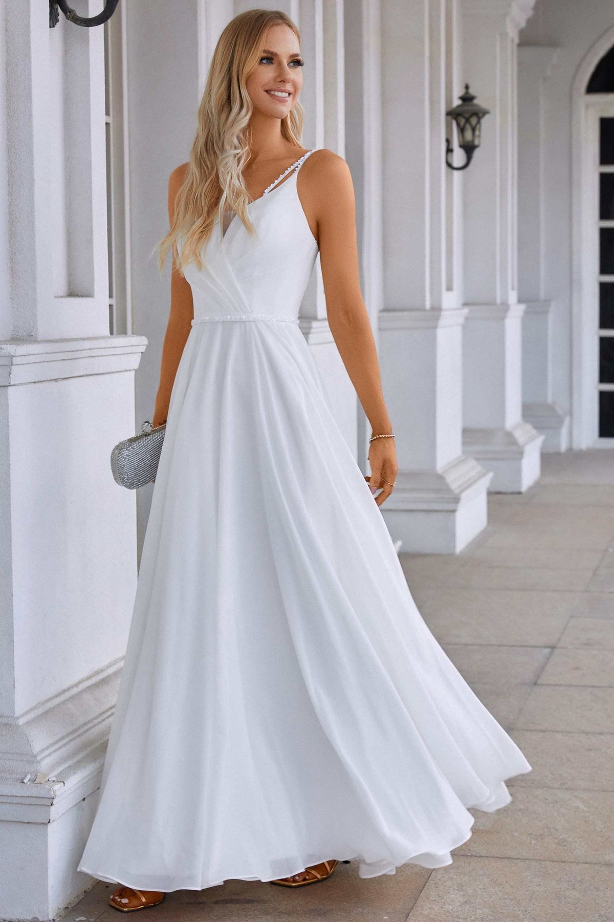 White Chiffon Surplice Neck A-Line Long Dress with Spaghetti Straps