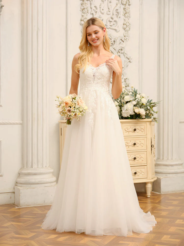 A-line princess V-neck decal sleeveless long wedding dress