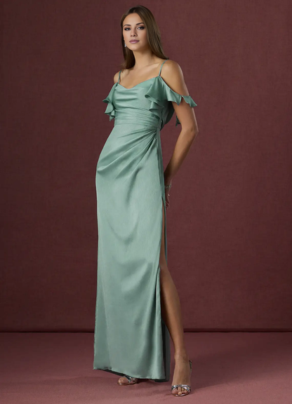 Jimiss slim shoulder strap boat collar side slit and floor length Prom dress