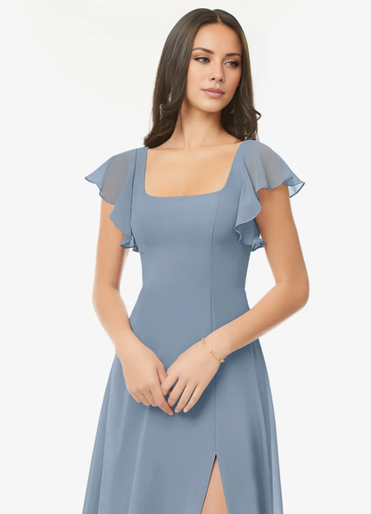 A-line pleated chiffon backless side slit and floor length bridesmaid dress - Jimiss Dress