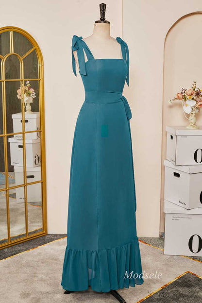 Emerald Tie Strap Ruffle Long Bridesmaid Dress