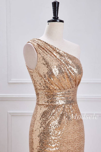 Champagne Sequin One-Shoulder Mermaid Long Dress