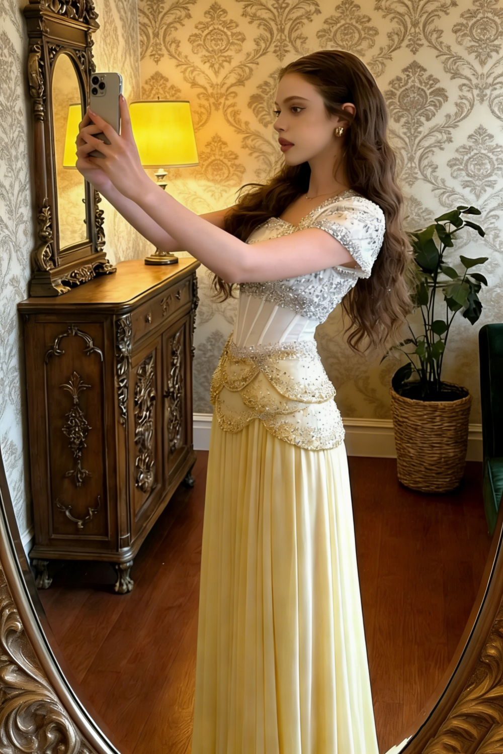Opera Aesthetic White-Yellow Crystal Gown - Opera Style Corset Ruffled Beaded Satin Maxi Dress gh6983