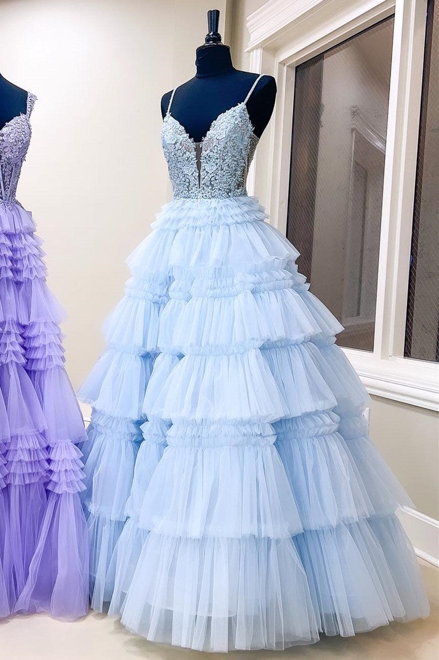 Spaghetti Strap V-Neck Sleeveless Ruffle Tiered Tulle Long Ball Gown