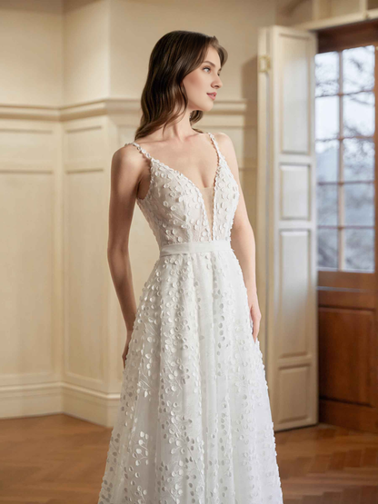 Grey white A-line thin shoulder strap V-neck extra long lace wedding dress