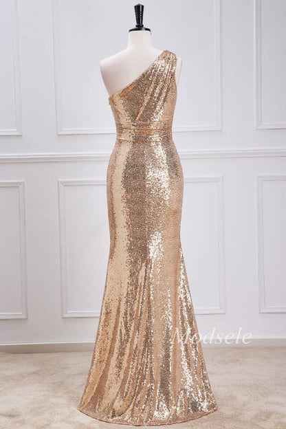 Champagne Sequin One-Shoulder Mermaid Long Dress