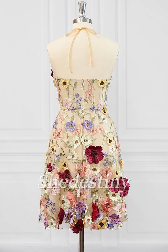 Champagne 3D Flower Print Halter A-Line Party Dress
