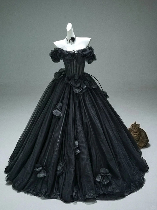 Stunning Black Fashion Elegant Delicate Floral Appliqué Long Tulle Floor Length Ball Gown Evening Gown Graduation Gown Bar Mitzvah Gown Wedding Gown gh3842