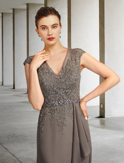 Aimishang A-Line Mother of the Bride Dress Elegant V Neck Floor Length Chiffon Lace Cap Sleeve with Sash / Ribbon Appliques