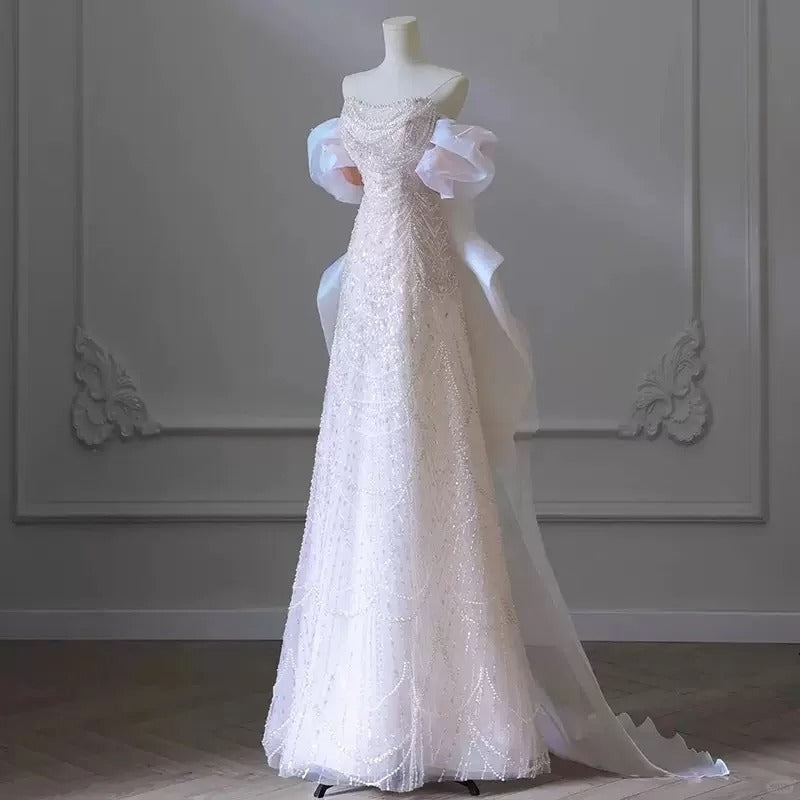 Girlhomeshops-Pink gorgeous sparkling pearl pearl embellishment long tulle and floor formal ball dress gh5315