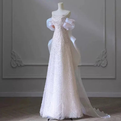 Girlhomeshops-Pink gorgeous sparkling pearl pearl embellishment long tulle and floor formal ball dress gh5315